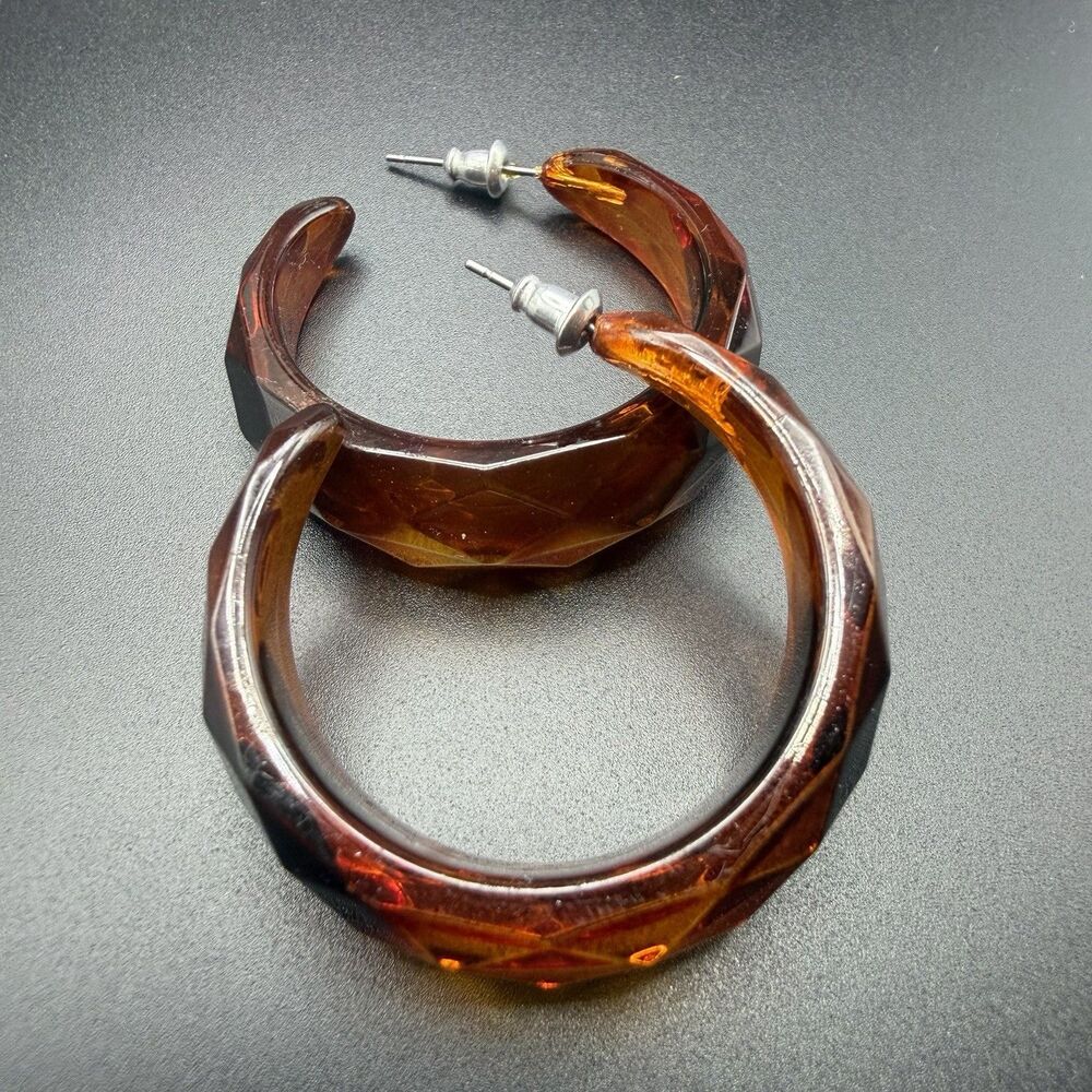 Chunky Amber Brown Faceted Acrylic Hoop Earrings Resin Lucite Thick Geometric